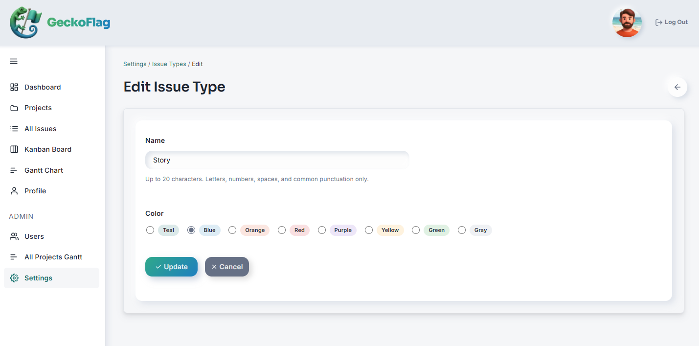 Modulo Edit Issue Type con il campo nome, opzioni colore e il pulsante Update