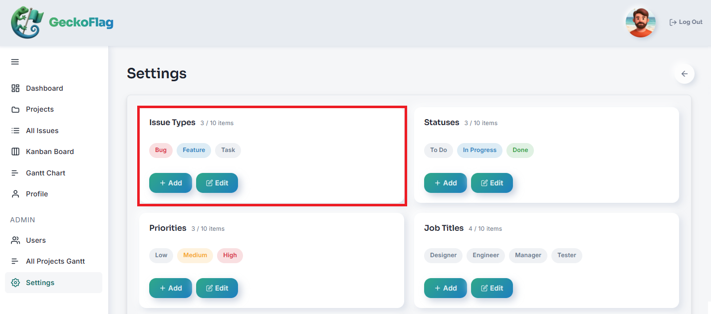 Pagina Settings con la scheda Issue Types evidenziata