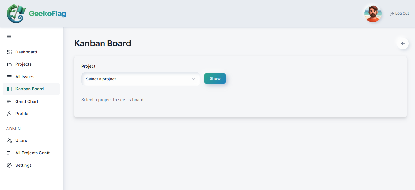Pagina Kanban Board con un menu a discesa dei progetti e il pulsante Show, prima di selezionare un progetto