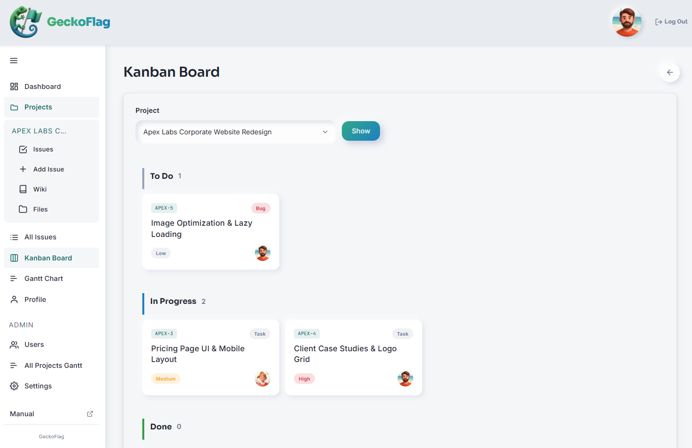 GeckoFlag’s Kanban board, with issue cards arranged in a row for each status