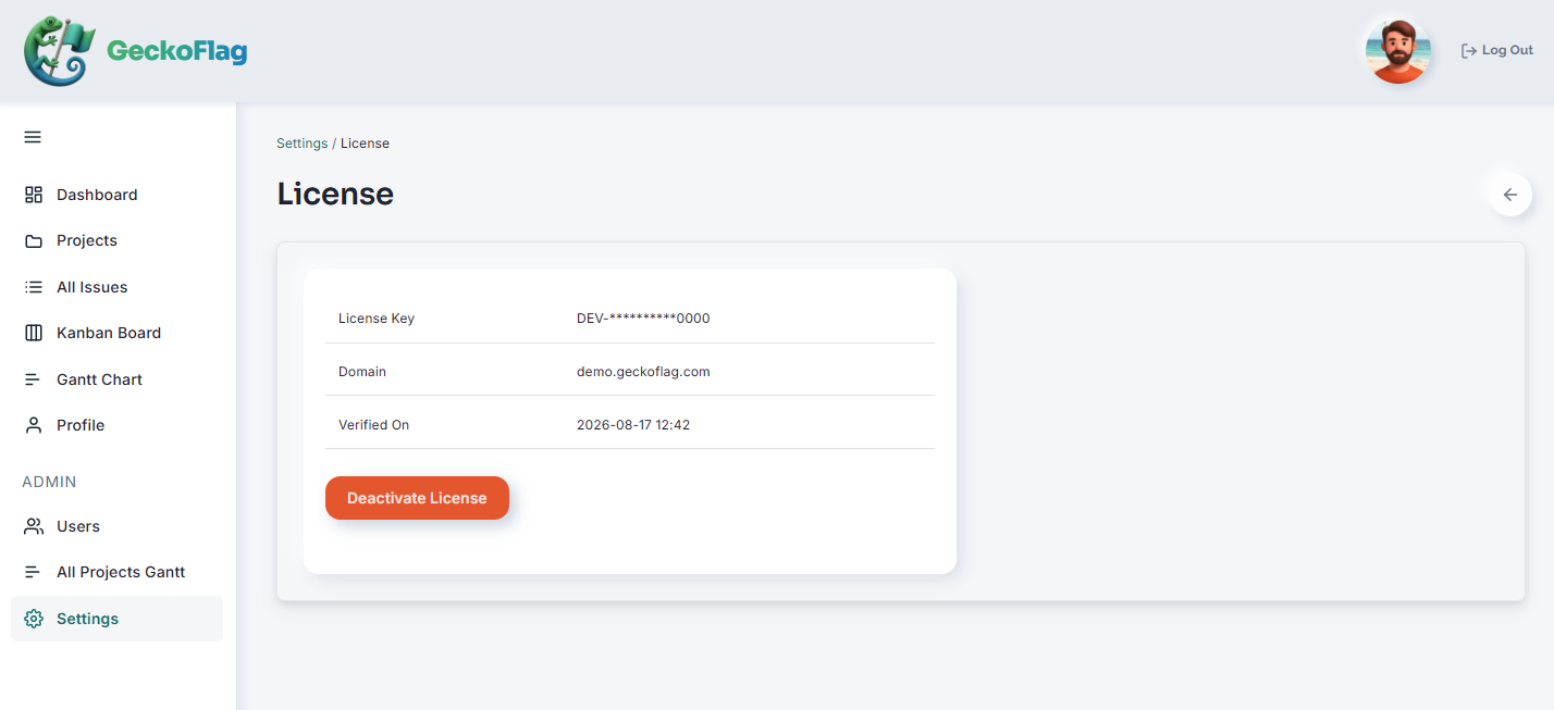 Pagina License con il pulsante Deactivate License