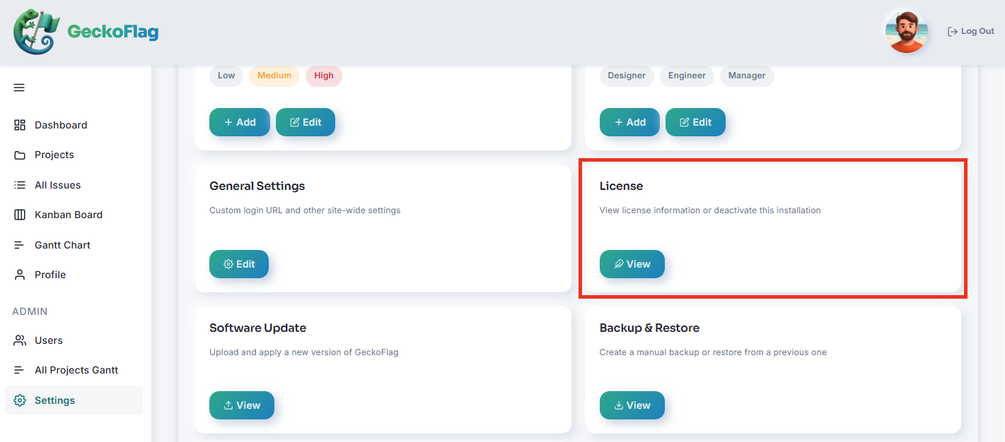Pagina Settings con la scheda License evidenziata