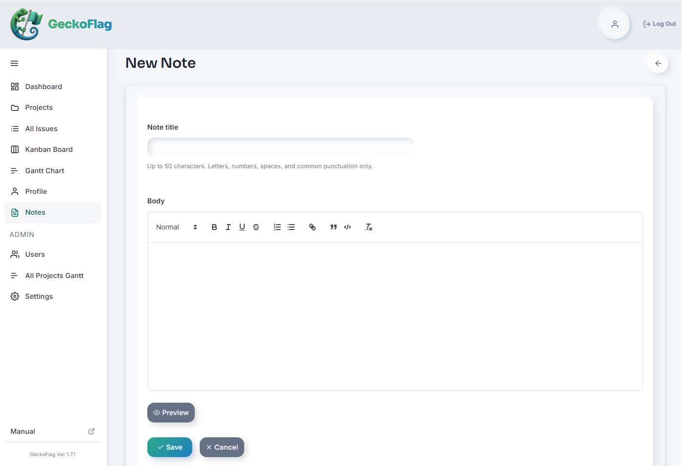 Schermata New Note con il campo del titolo, l’editor di testo formattato e i pulsanti Preview, Save e Cancel