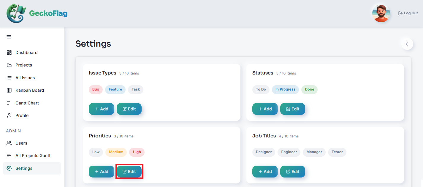 Settings page with the Edit button for Priorities highlighted