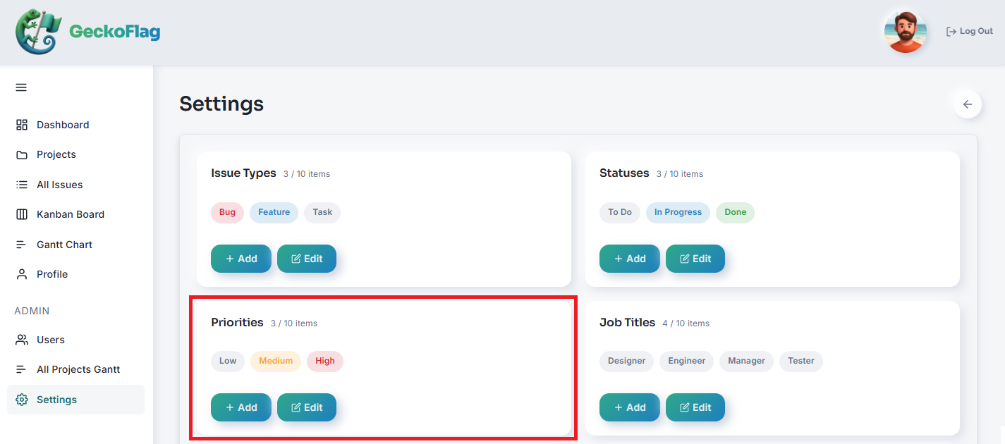 Settings page with the Priorities card highlighted