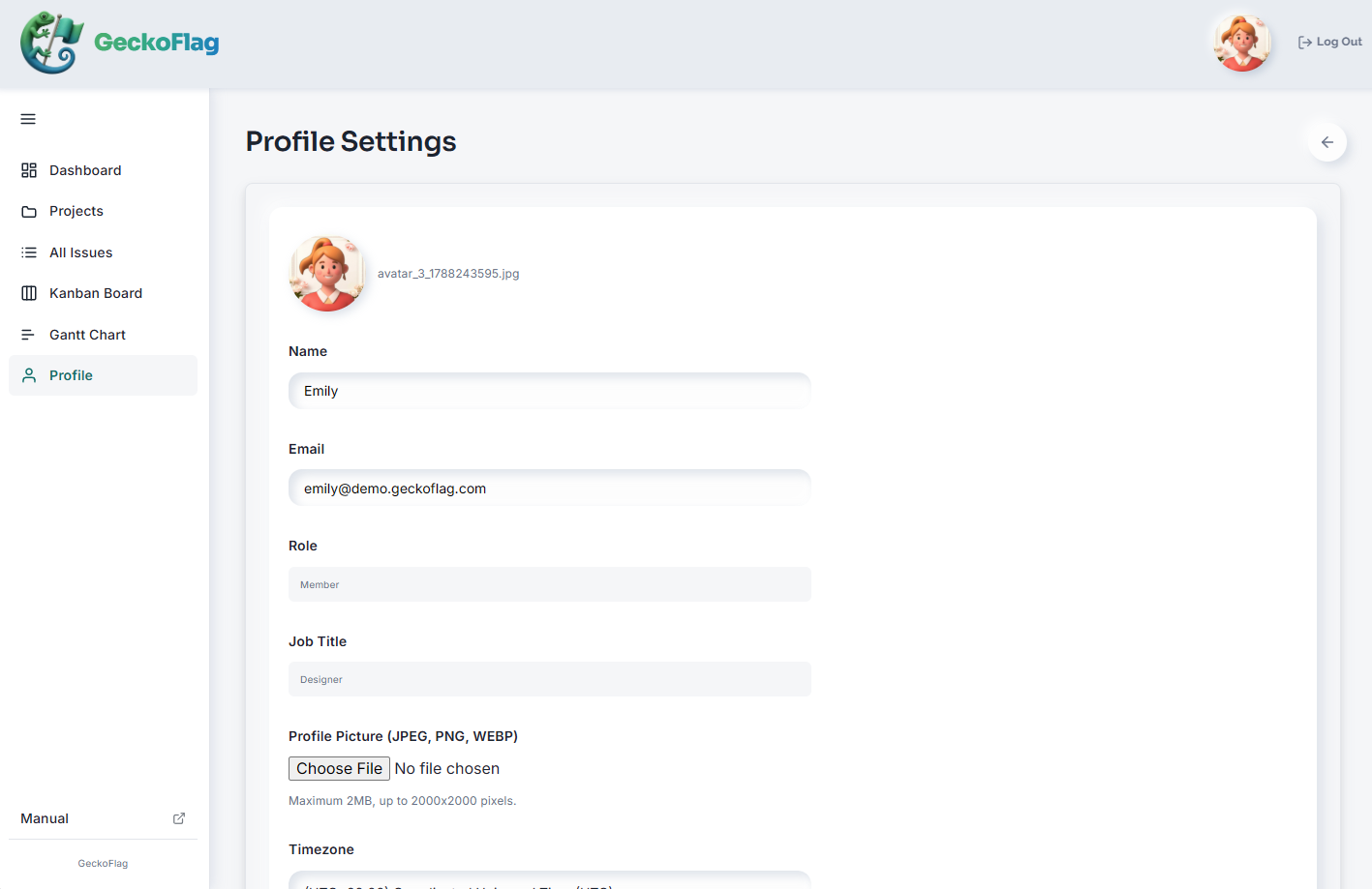 Pagina Profile Settings con i campi nome, e-mail, ruolo, posizione, foto profilo e fuso orario