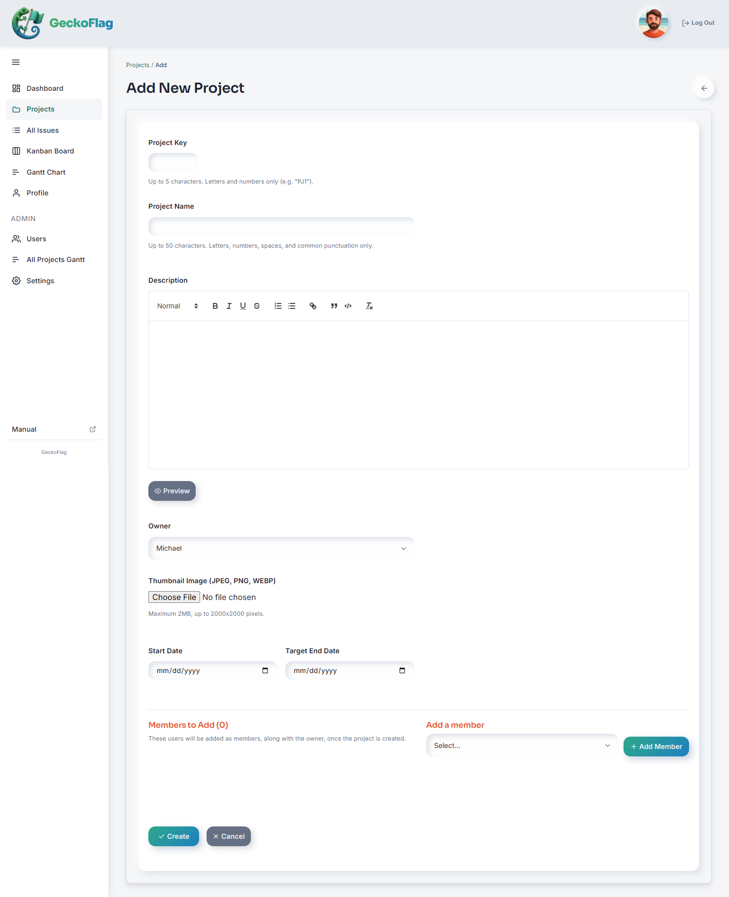 Add New Project form with fields for key, name, description, owner, thumbnail, and dates