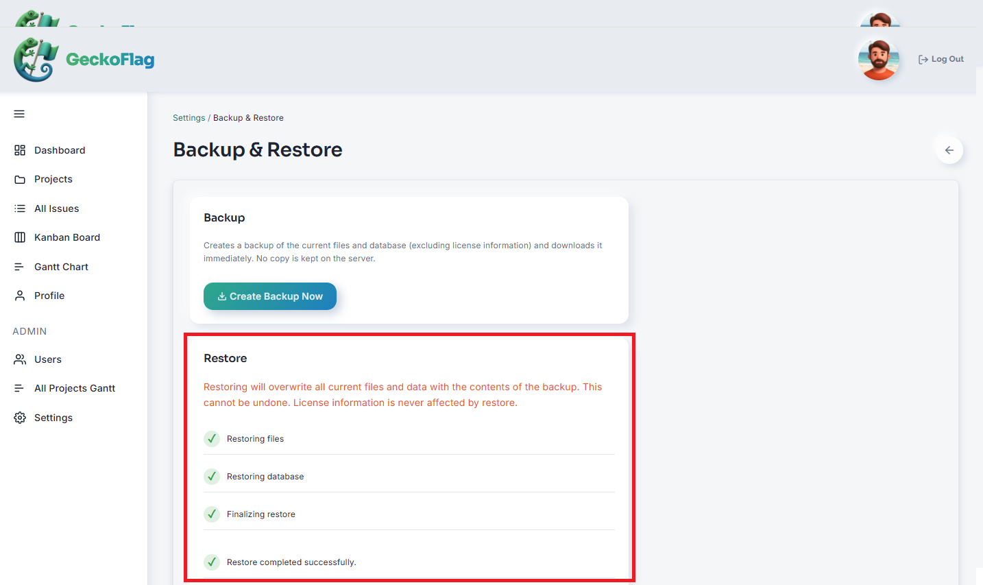 Sezione Restore che mostra l'avanzamento e il completamento del ripristino