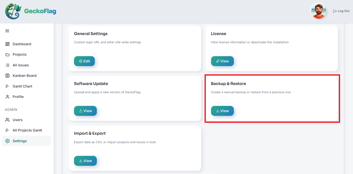 Pagina Settings con la scheda Backup & Restore evidenziata