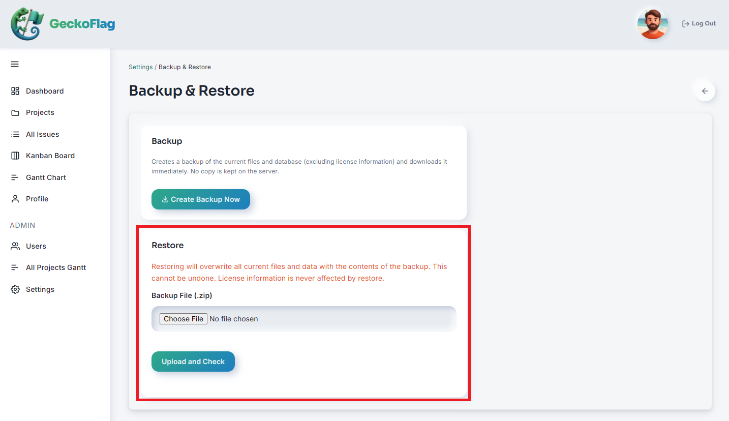 Sezione Restore con il campo per caricare lo ZIP del backup