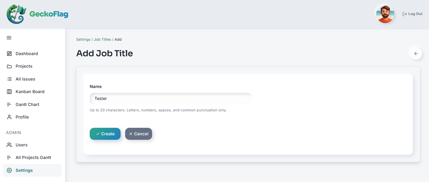 Modulo Add Job Title con un campo nome e il pulsante Create