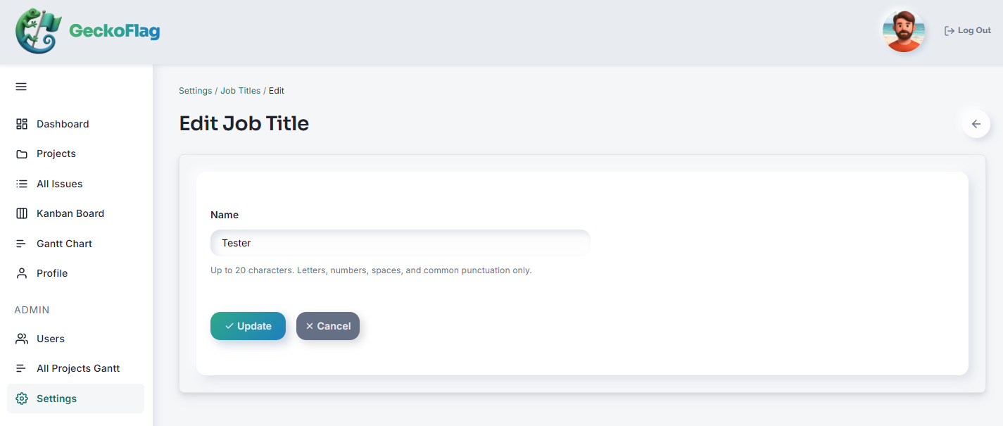 Modulo Edit Job Title con il campo nome e il pulsante Update