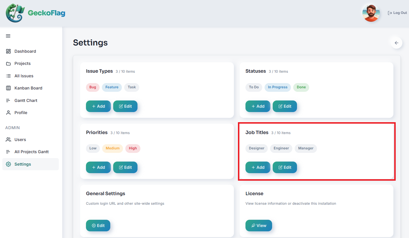 Pagina Settings con la scheda Job Titles evidenziata