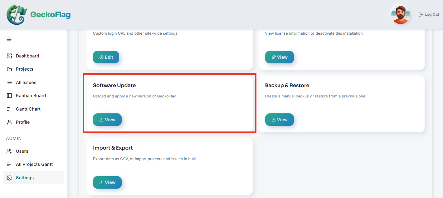 Settings page with the Software Update card highlighted