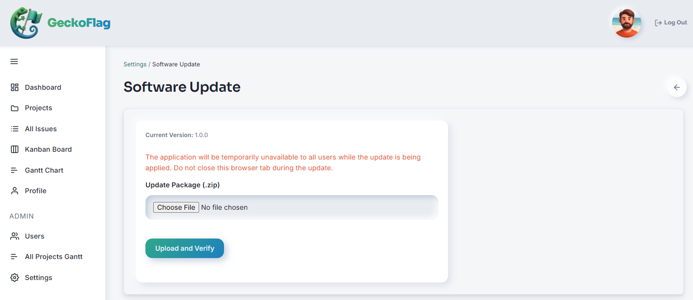 Software Update page with the update package upload field