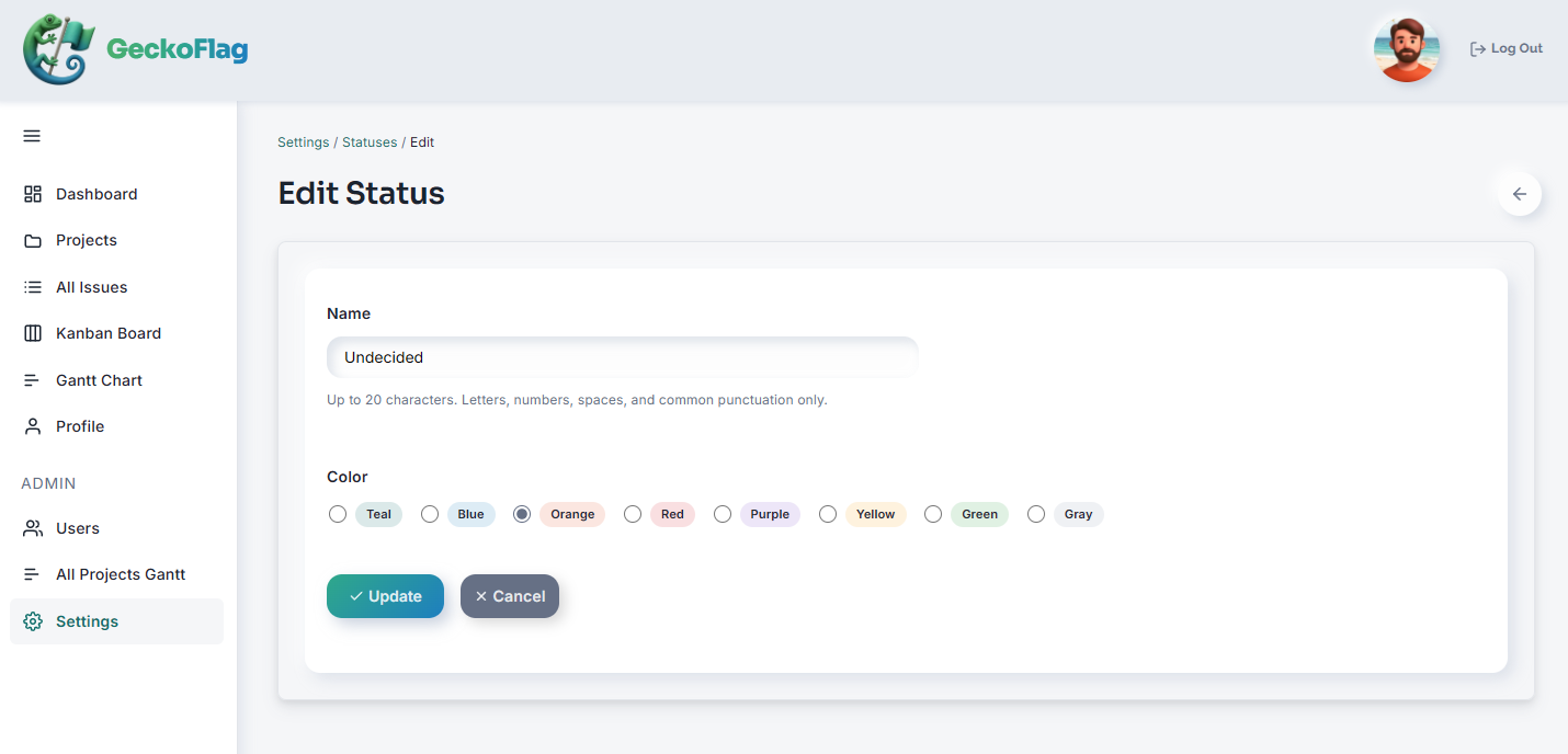 Modulo Edit Status con il campo nome, opzioni colore e il pulsante Update