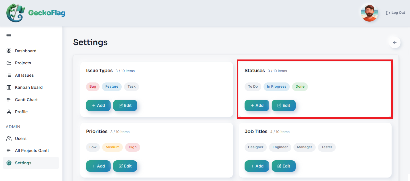 Pagina Settings con la scheda Statuses evidenziata