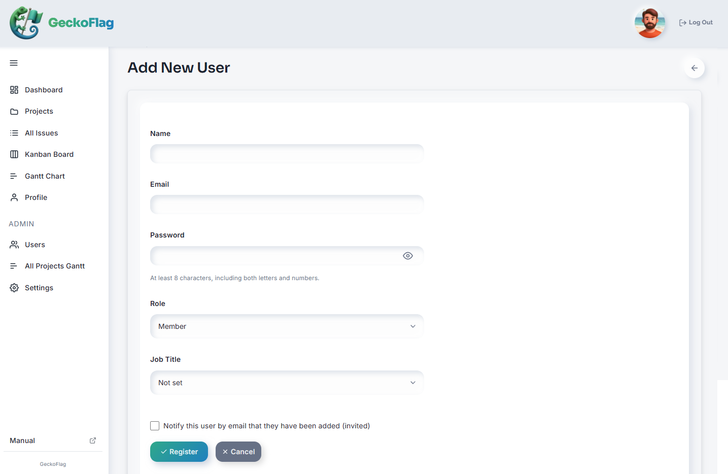 The form for adding a user, with a field for choosing the role