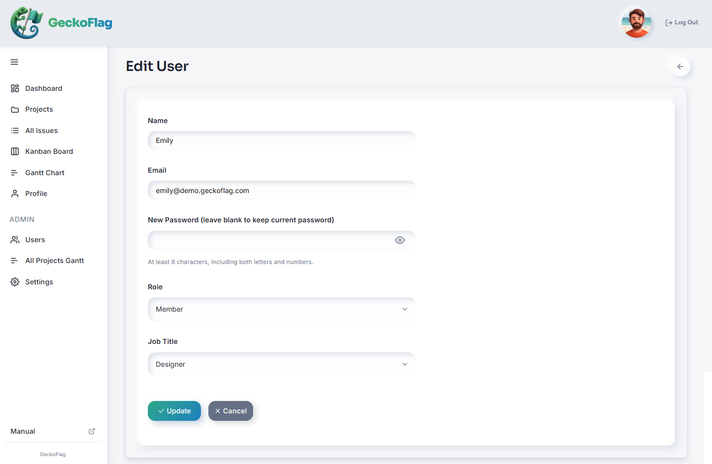 Modulo Edit User con campi per nome, e-mail, password, ruolo e posizione