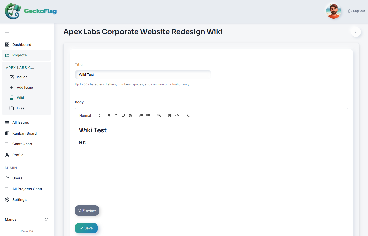 Editor delle pagine Wiki con titolo e corpo compilati