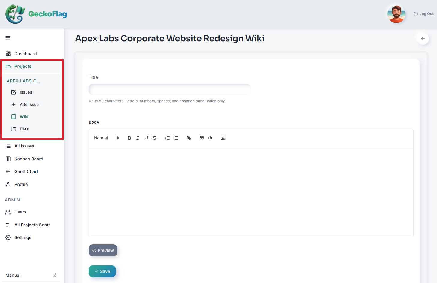 Barra laterale del progetto con Wiki evidenziato nella navigazione